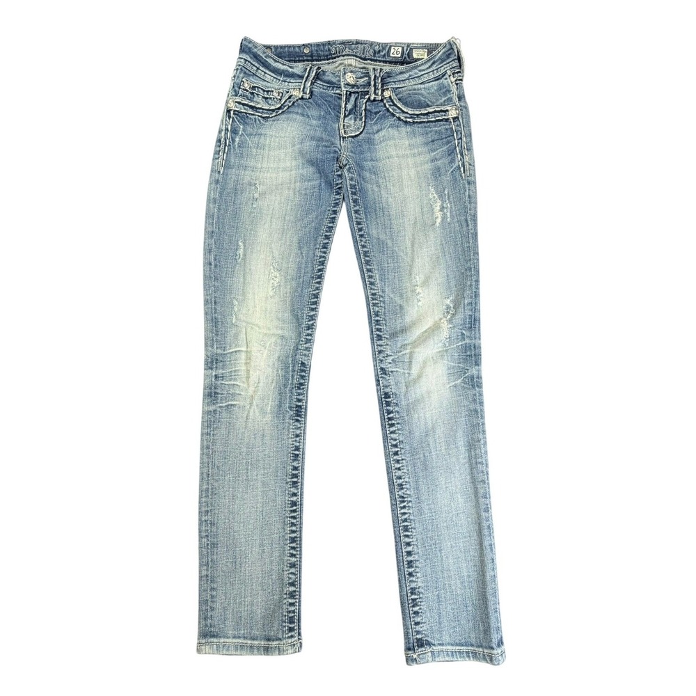 Miss Me Skinny Jeans Womens 26 Y2K Faded Blue Distressed Thick Stitch Buckle